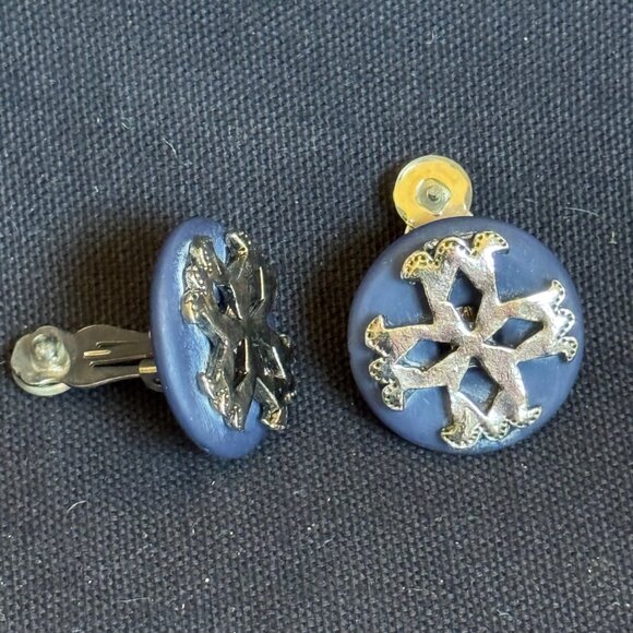 LONNIE LOVNESS Vintage Blue Clip-On Earrings Silver-Tone Snowflake Design - Picture 3 of 7